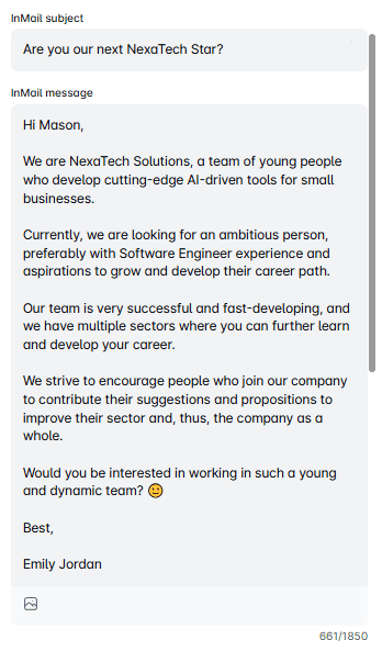 LinkedIn inMail example a recruiter working in a startup can send to a potential employee