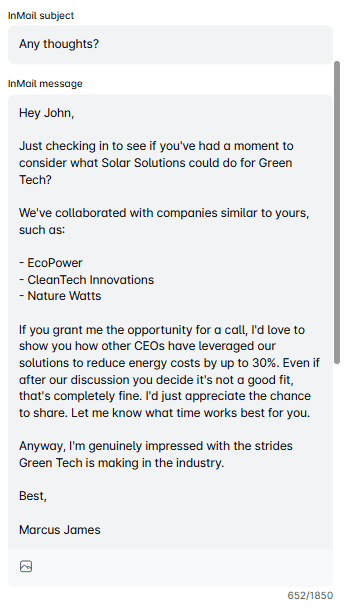 LinkedIn inMail example to send as a follow up