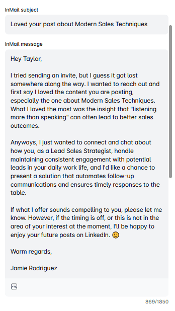LinkedIn inMail example that compliments a lead