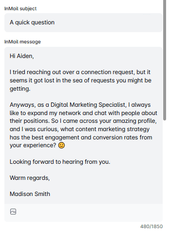 LinkedIn inMail example that gives reason to reply