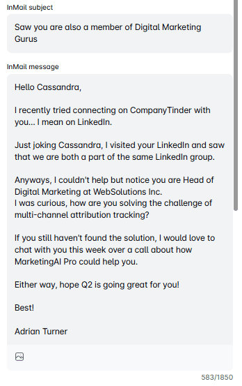LinkedIn inMail example sent to the member of the same group