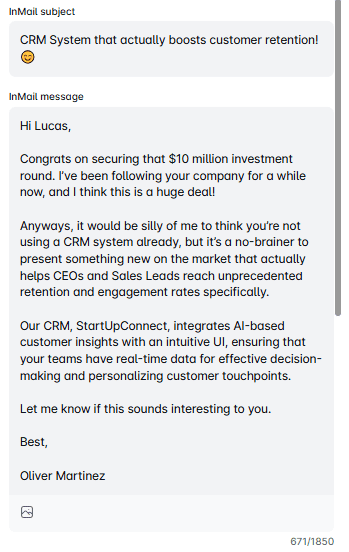 LinkedIn inMail example mentioning company news