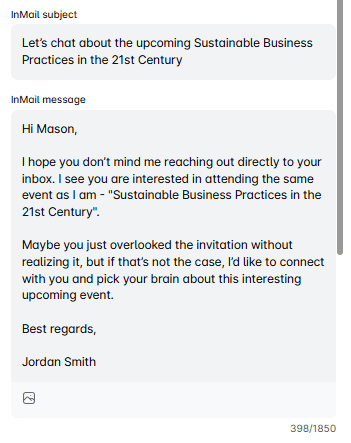 LinkedIn inMail example that mentions an upcoming event