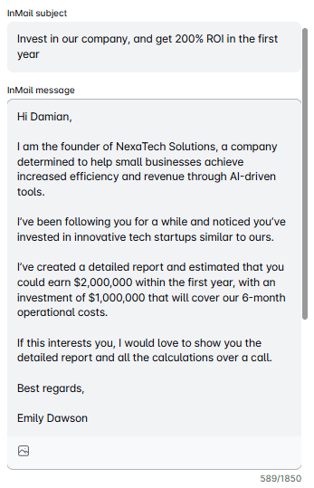 LinkedIn inMail example to send to an investor