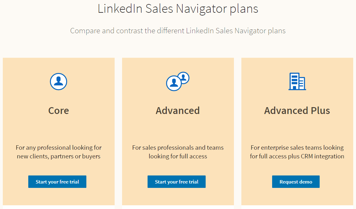 LinkedIn Sales Navigator cost - image of 3 types of plans