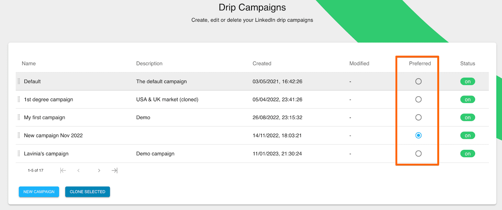 Best sales outreach tools, overeview of drip campaigns page in Dux-Soup
