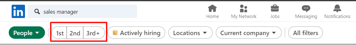 1st, 2nd, and 3rd degree connection filters on LinkedIn