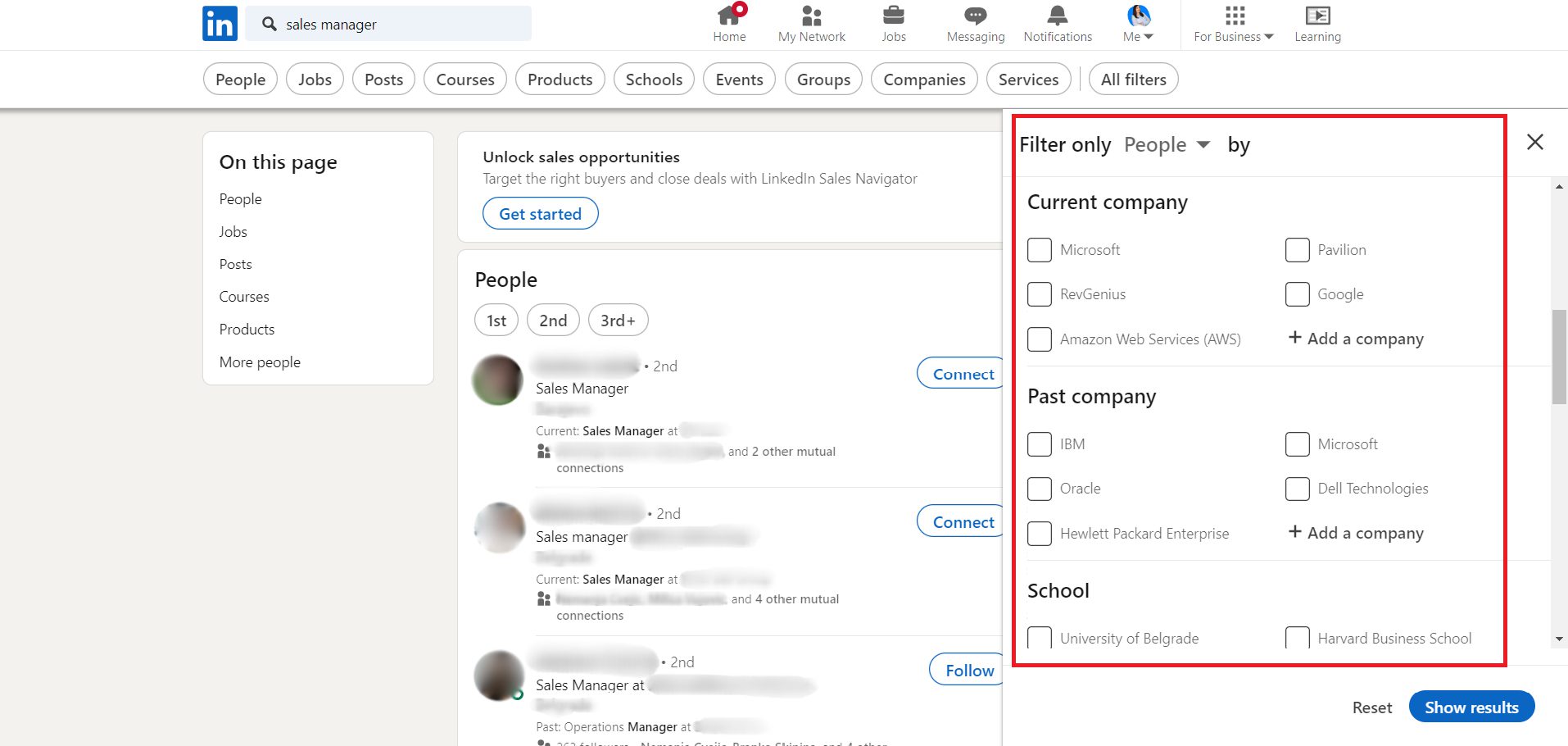 All filters on LinkedIn used in outreach campaign creation