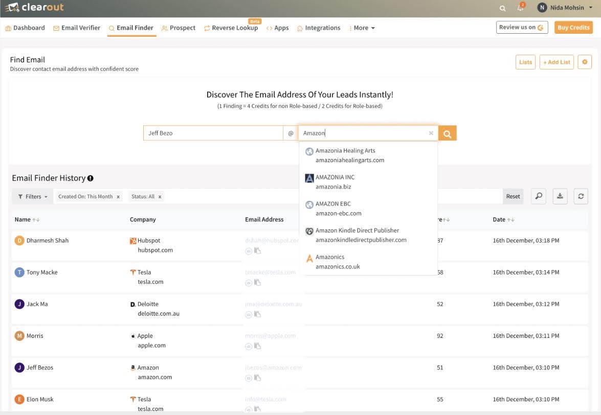 The interface of one of the B2B prospecting tools, Clearout