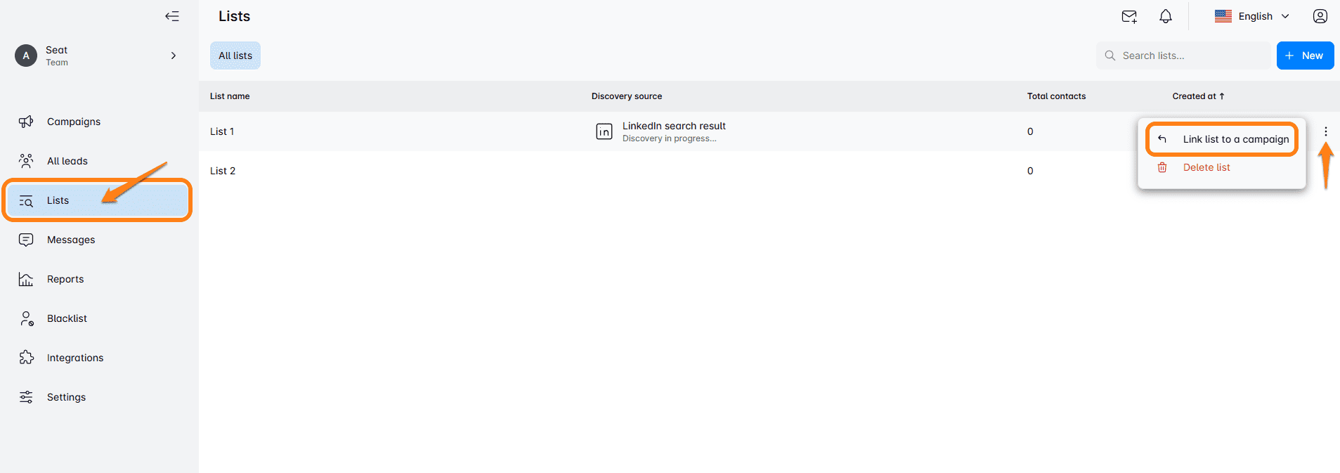An image showing how to link a contact list to an outreach campaign in Skylead