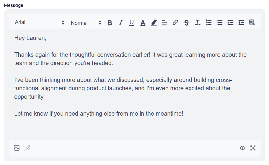 An example of a LinkedIn follow up message after an interview