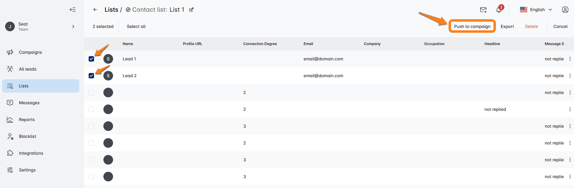 An image showing how to push individual contacts into Skylead outreach campaign