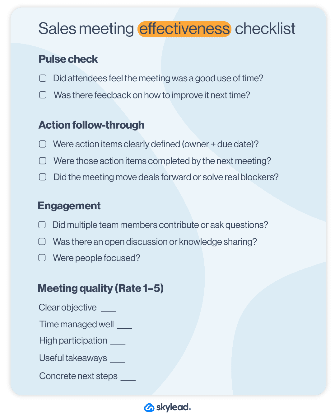 Sales meeting agenda effectiveness checklist