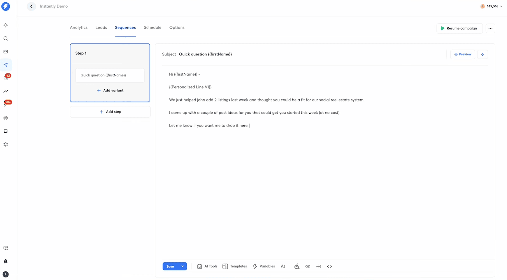 User interface of one of the top sales engagement platforms, Instantly