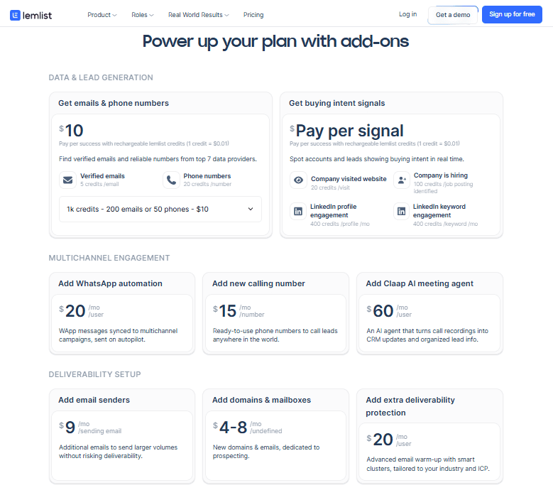 Lemlist add-ons pricing