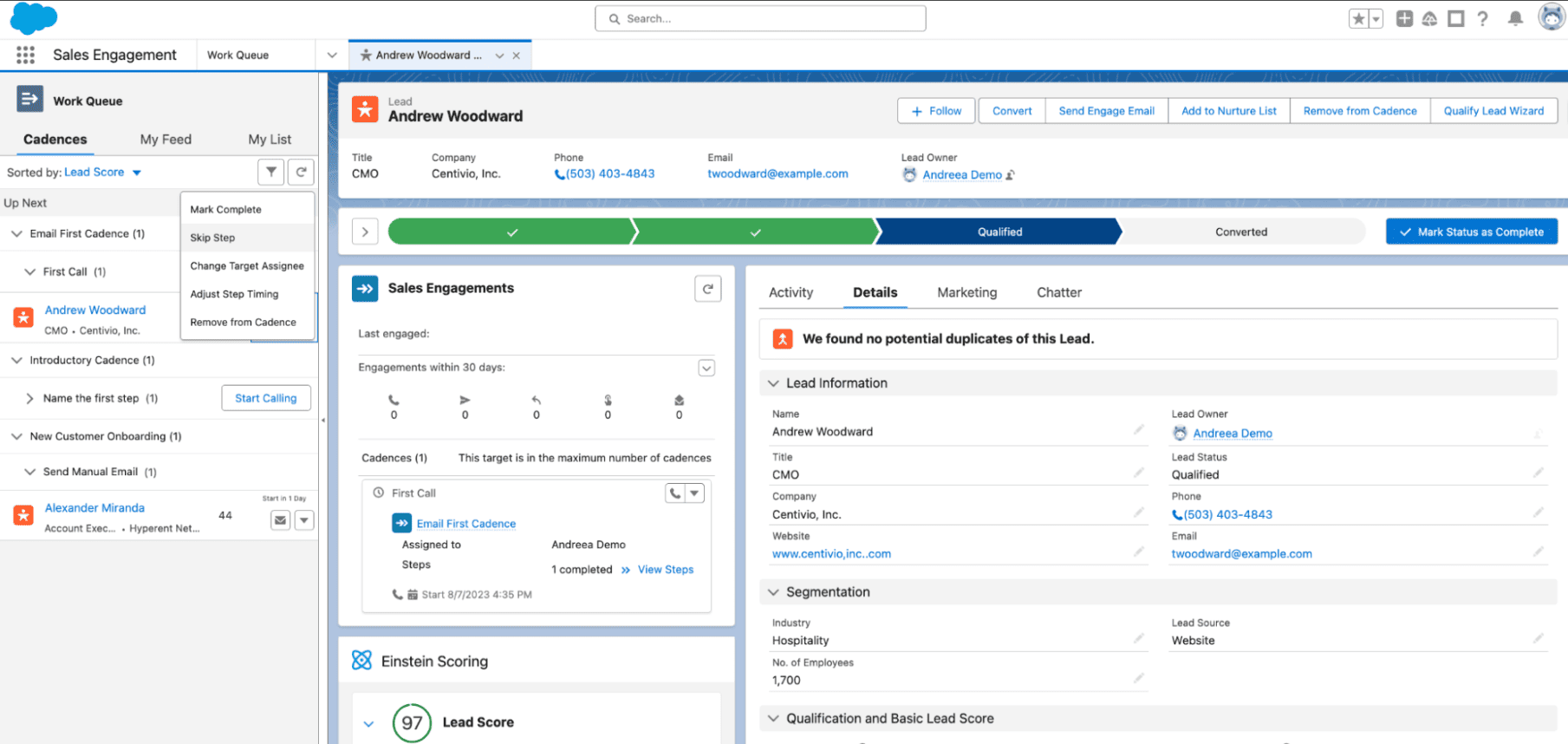 User interface of Salesforce's sales engagement feature