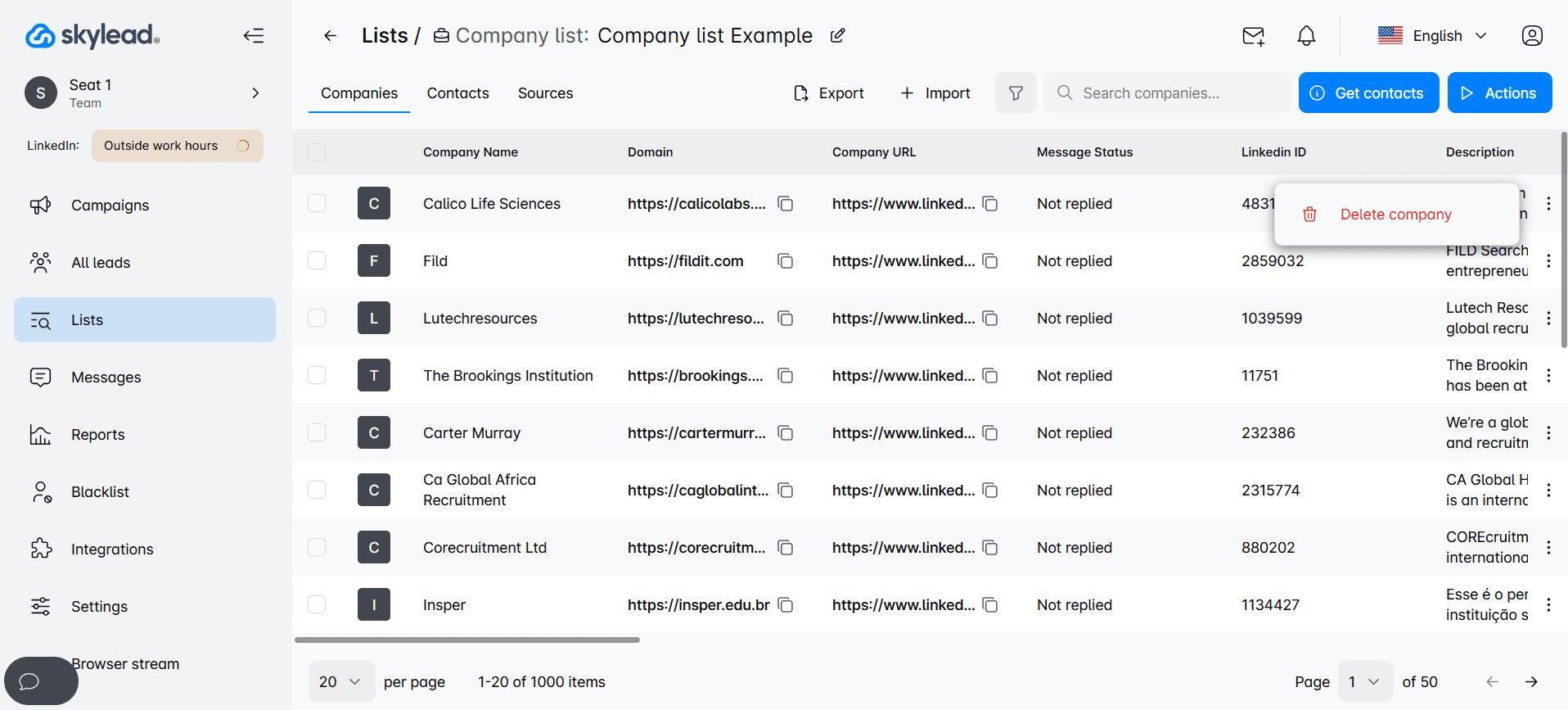 Company list in Skylead with the prominent ''delete company'' button