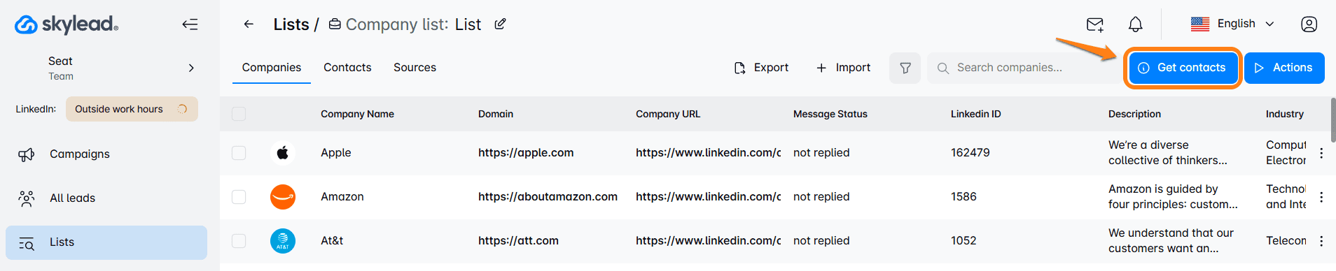 An image showing how to get contacts from company lists in Skylead