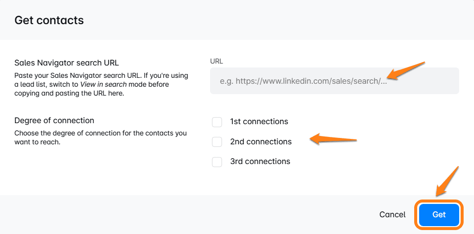 A pop up in Skylead prompting users to enter Sales Navigator lead search URL to get contacts