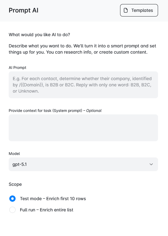 Prompt AI dialogue in Skylead where you can enrich company data
