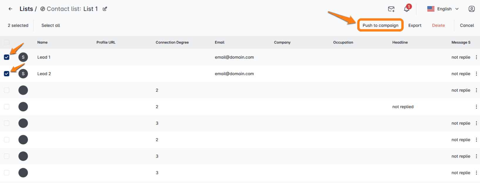 Push contacts to campaign button in Skylead