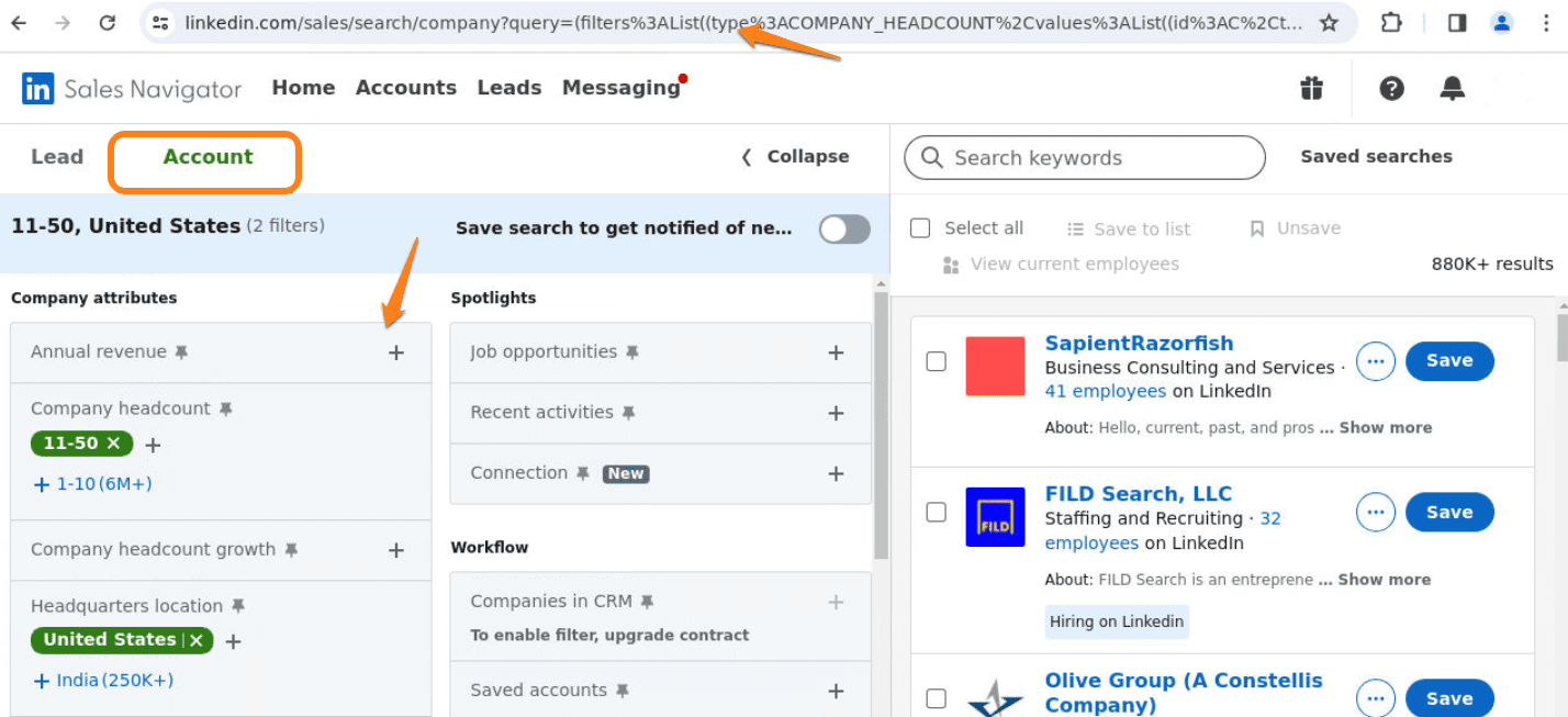 Sales Navigator search with account filters applied