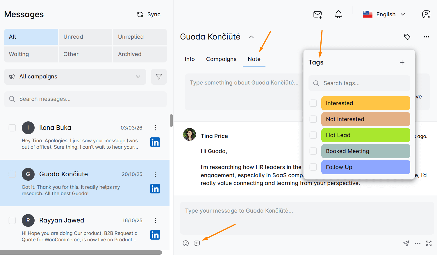User interface of the Skylead's Smart inbox
