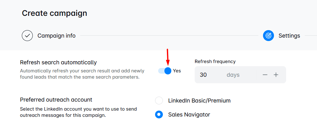 Refresh search automatically option in Skylead which automatically refreshes Sales Navigator search results