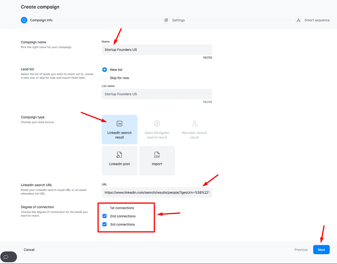 Outreach campaign creation flow in Skylead - step 1